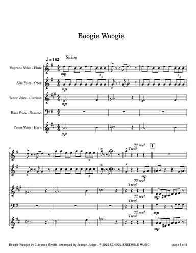 Boogie Woogie by Smith for Woodwind Quartet in Schools (arr. Joseph Judge)
