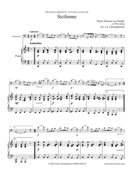 Paradies: Sicilienne - Cello and Piano (arr. Anne Christopherson GRSM ARCM)