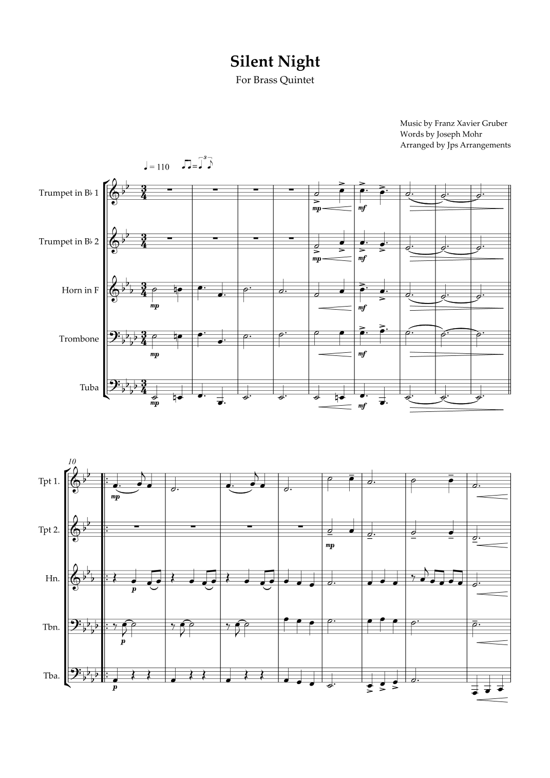 Silent Night For Brass Quintet in Ab major (arr. Jps Arrangements)