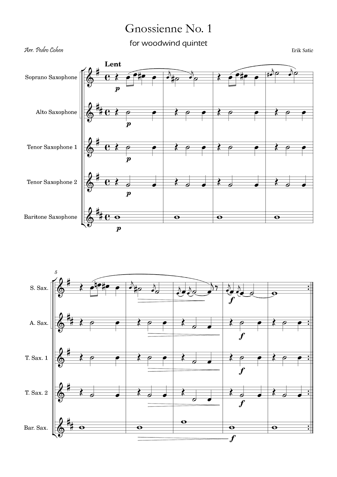 Gnossienne No. 1 – for Saxophone Quintet (arr. Pedro Cohen)