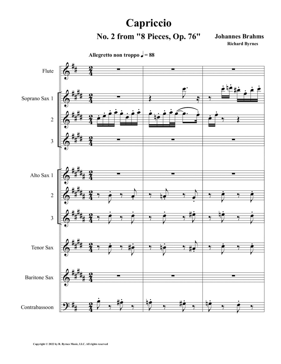 Capriccio No. 2, Op. 76 (Saxophone Octet + Flute & Contrabassoon) (arr. Richard Byrnes)