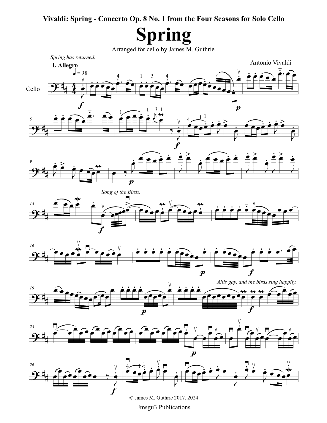 Vivaldi - The Four Seasons: Spring for Solo Cello (arr. James M. Guthrie, ASCAP)