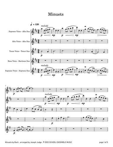Minuets by Bach for Saxophone Quartet in Schools (arr. Joseph Judge)