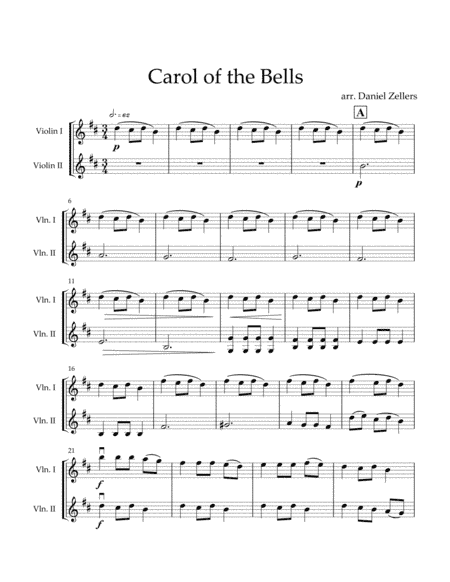 Carol of the Bells Unaccompanied Violin Duet (arr. Daniel Zellers)