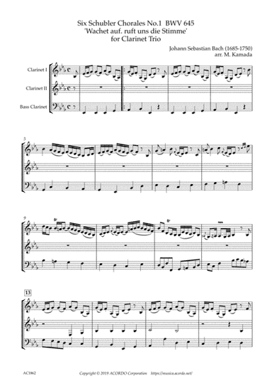 Six Schubler Chorales No.1 BWV645 'Wachet auf. ruft uns die Stimme' for Clarinet Trio (arr. Kamada, Mikio)