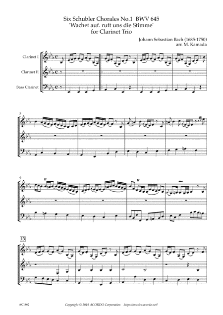Six Schubler Chorales No.1 BWV645 'Wachet auf. ruft uns die Stimme' for Clarinet Trio (arr. Kamada, Mikio)