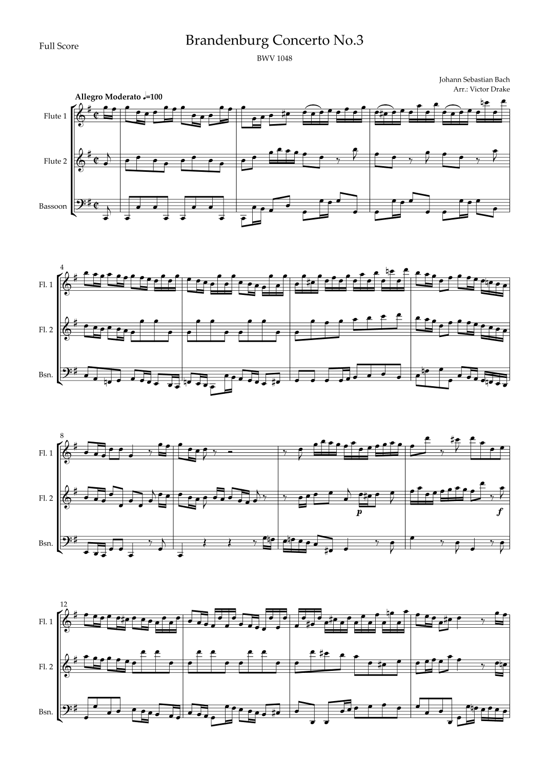 Brandenburg Concerto No. 3 in G major, BWV 1048 1st Mov. (J.S. Bach) for Woodwind Trio (arr. Victor Drake)
