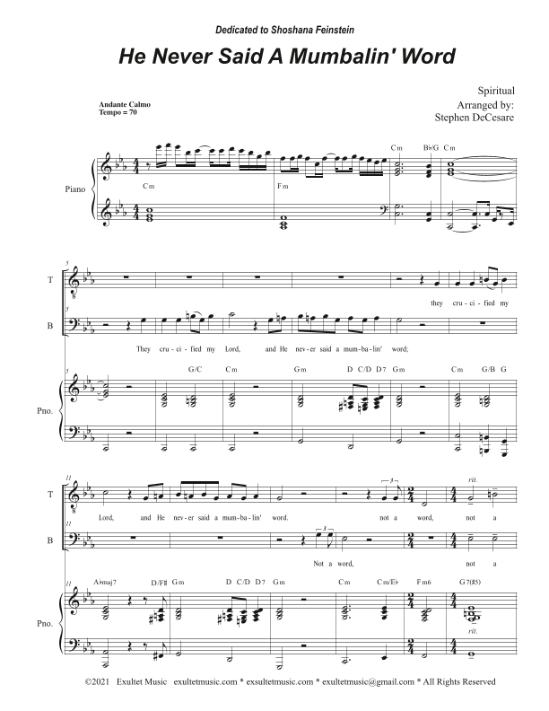 He Never Said A Mumbalin' Word (Duet for Tenor and Bass solo) (arr. Stephen DeCesare)