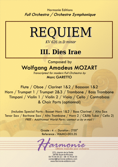 MOZART - REQUIEM K. 626 - Dies Irae - Full Orchestra - SCORE & PARTS (arr. Marc GARETTO)