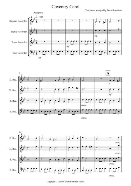 Coventry Carol for Recorder Quartet (arr. David Burndrett)