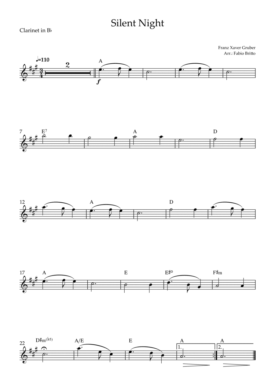Silent Night (Christmas Song) for Clarinet in Bb Solo with Chords (arr. Fabio Britto)