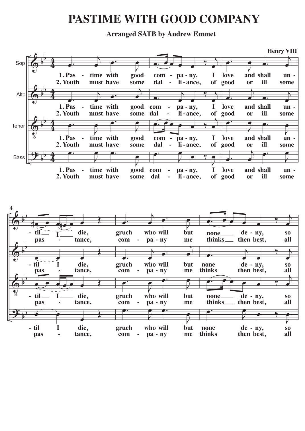 Pastime With Good Company A Cappella SATB (arr. Andrew Emmet)