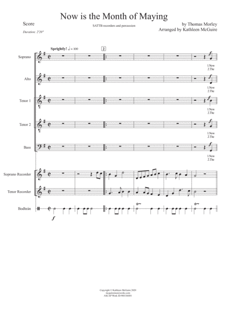 NOW IS THE MONTH OF MAYING by Thomas Morley arr Kathleen McGuire (SATTB, recorders, percussion) (arr. Kathleen McGuire)