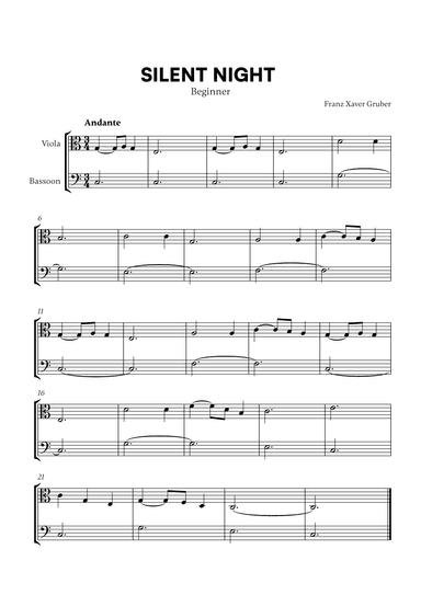 Silent Night (Beginner) (for Viola and Bassoon) (arr. Cadenza Editions)