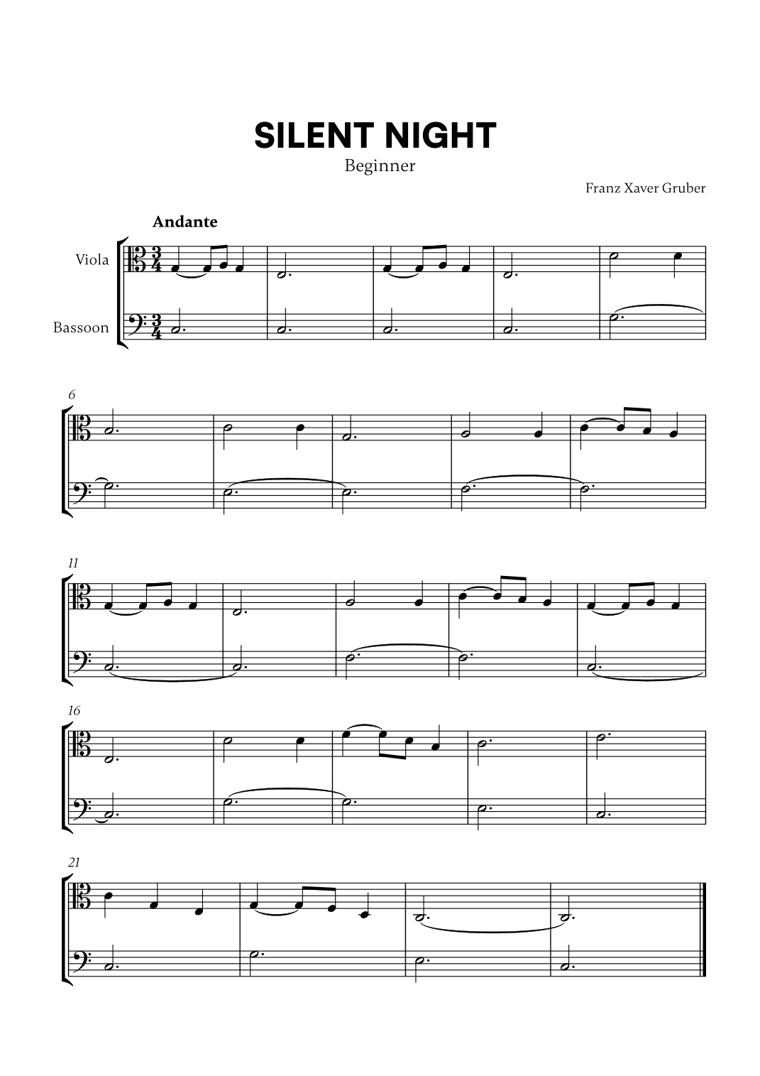 Silent Night (Beginner) (for Viola and Bassoon) (arr. Cadenza Editions)