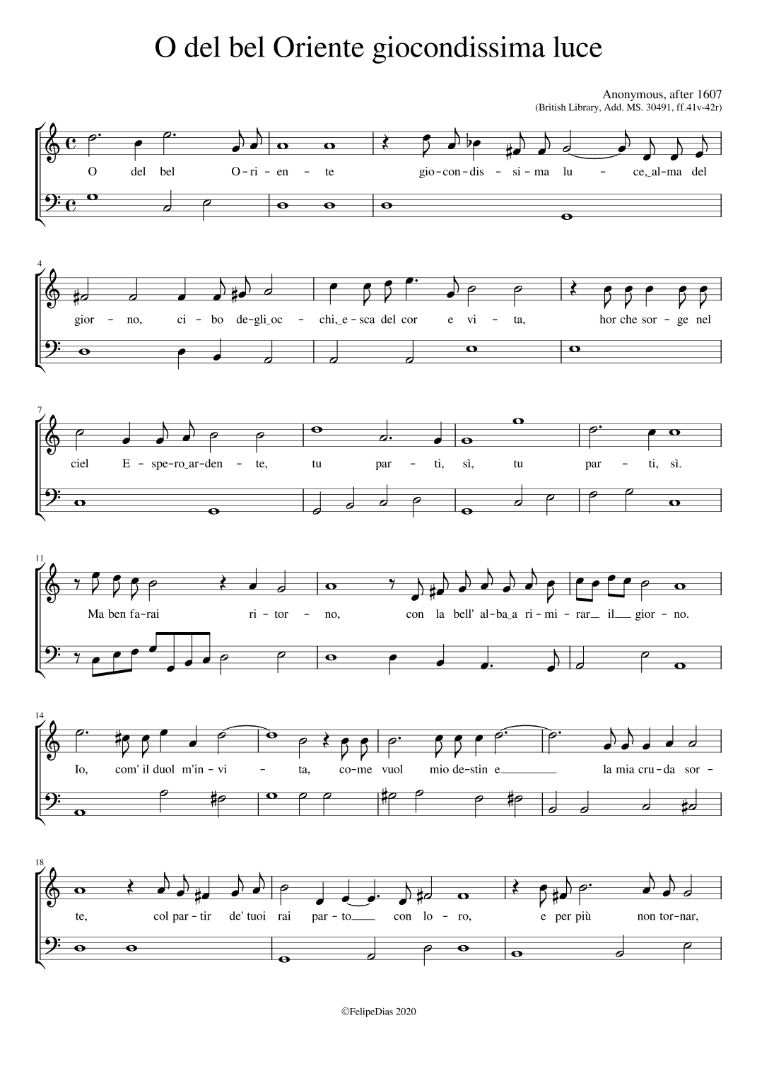 O del bel oriente (arr. Early Music Scores)