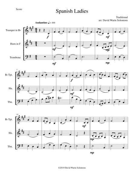 Spanish Ladies for brass trio (trumpet, horn, trombone) (arr. David Warin Solomons)