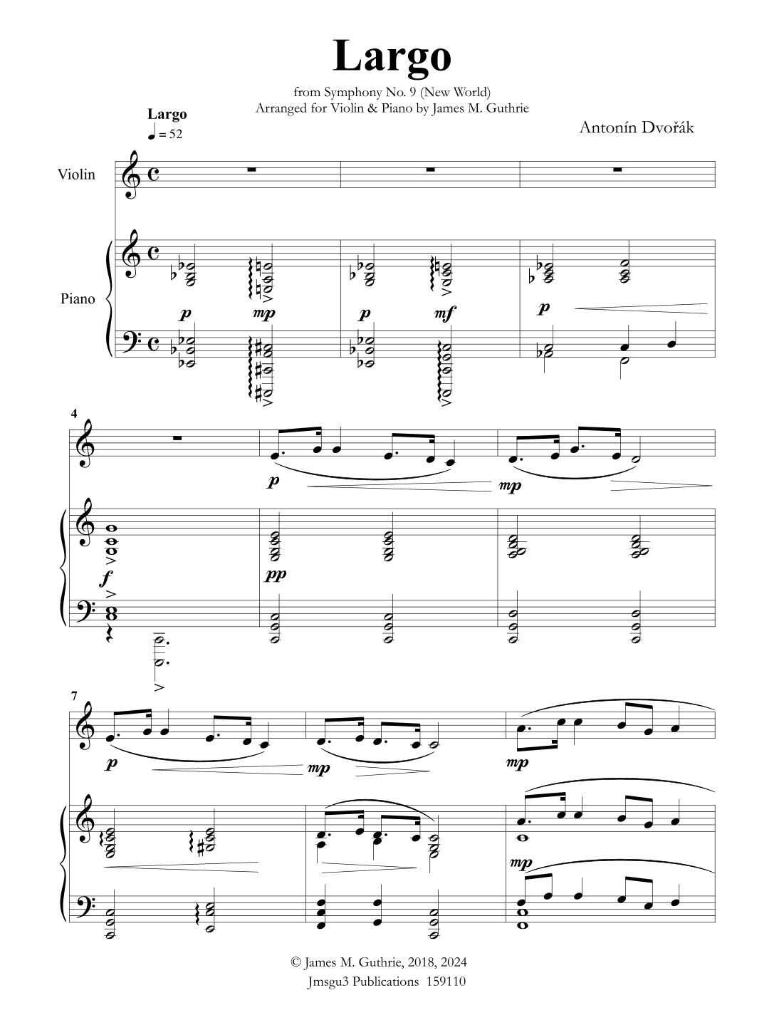 Dvorák: Largo from the New World Symphony for Violin & Piano (arr. James M. Guthrie, ASCAP)