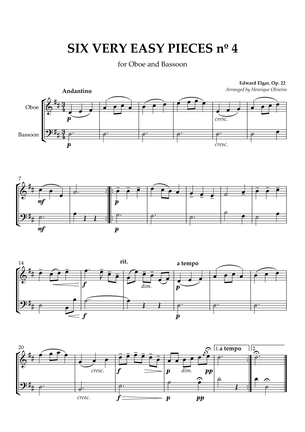 Six Very Easy Pieces nº 4 (Andantino) - Oboe and Bassoon (arr. Henrique Oliveira)