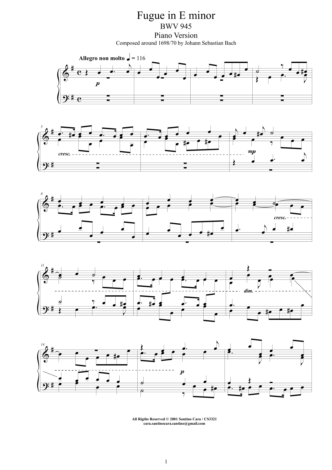 Bach - Fugue in E minor BWV 945 - Piano version (arr. Santino Cara)