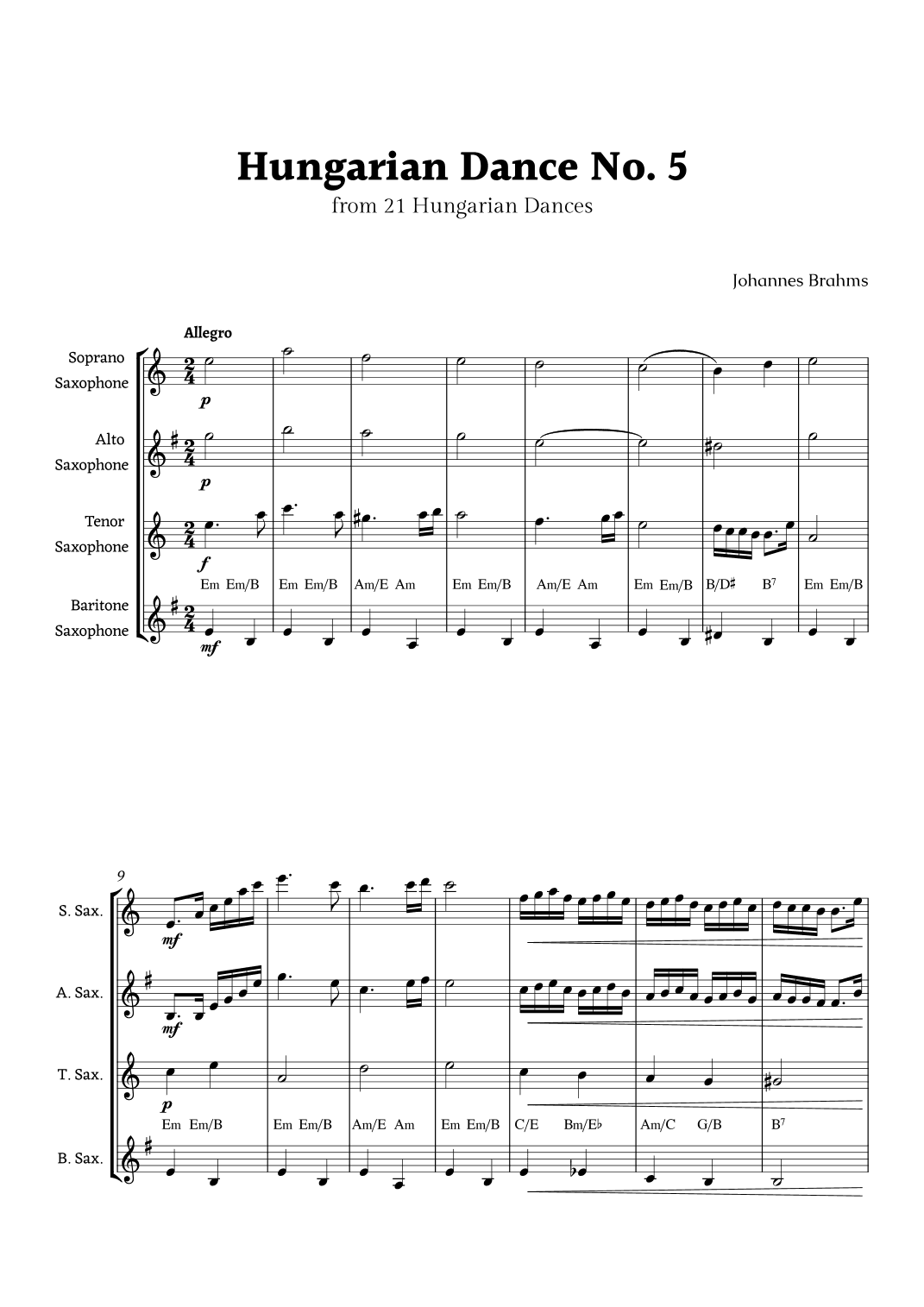 Hungarian Dance No. 5 by Brahms for Sax Ensemble Quartet (arr. Rika K.)