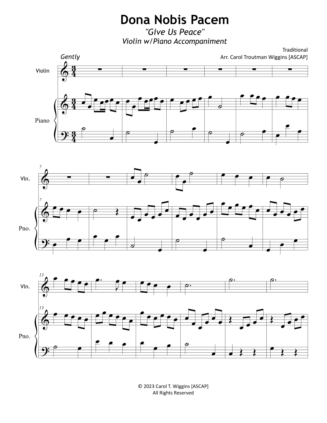 Dona Nobis Pacem (Give Us Peace) for Violin and Piano (arr. Carol Troutman Wiggins)