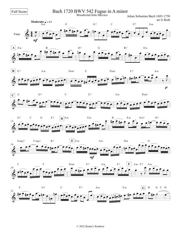Bach 1720 BWV 542 Fugue in Am or Gm Flute Solo (arr. R G Roth)