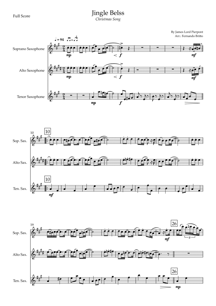 Jingle Bells - Jazz Version (Christmas Song) for Saxophone Trio (arr. Fernando Britto)