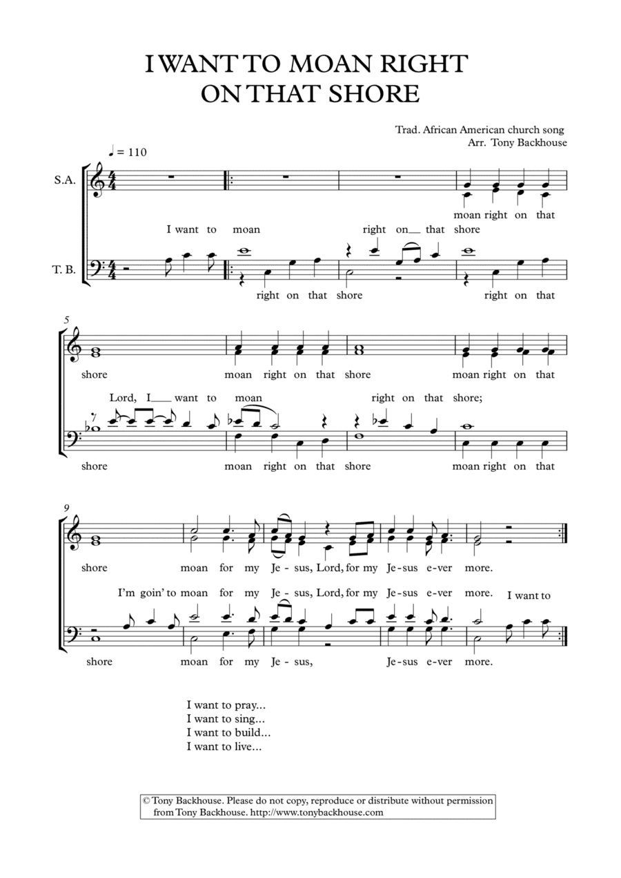 I WANT TO MOAN RIGHT ON THAT SHORE (arr. Tony Backhouse)