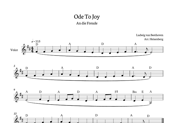 Beethoven - Ode To Joy for voice with chords in D (Lyrics in German) (arr. Heisenberg)