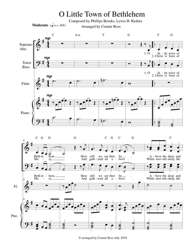 O Little Town of Bethlehem - SATB and Piano  with either cello, flute or violin (arr. Connie Boss)