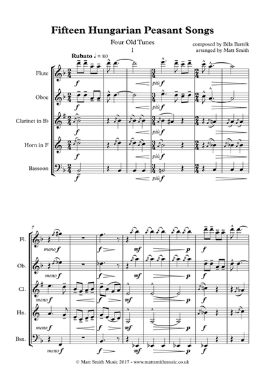 Fifteen Hungarian Peasant Songs (Nos 1-7) by Bela Bartok - WIND QUINTET (arr. Matt Smith)