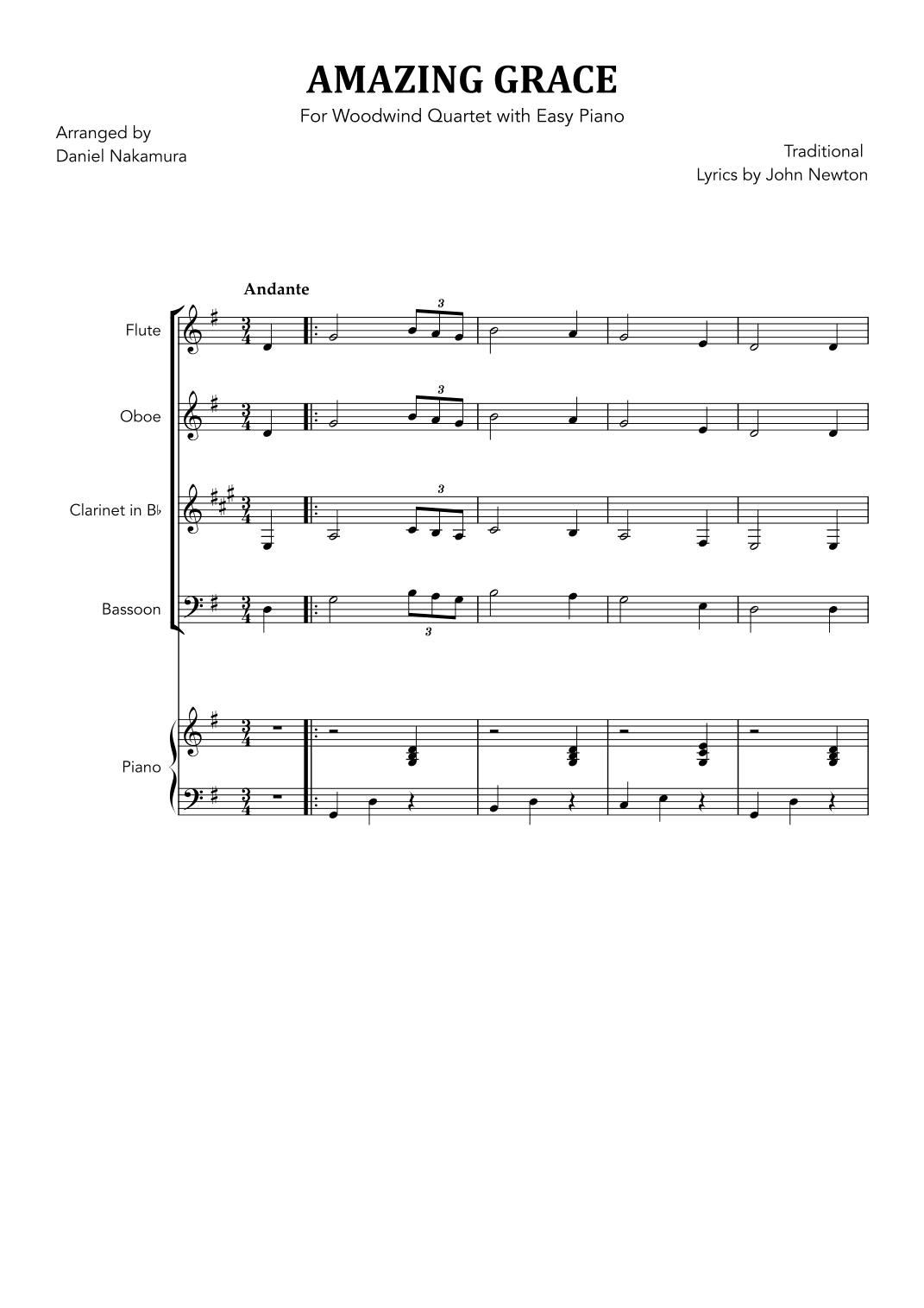 Amazing Grace (for Woodwind Quartet and Easy Piano) (arr. Daniel Nakamura)
