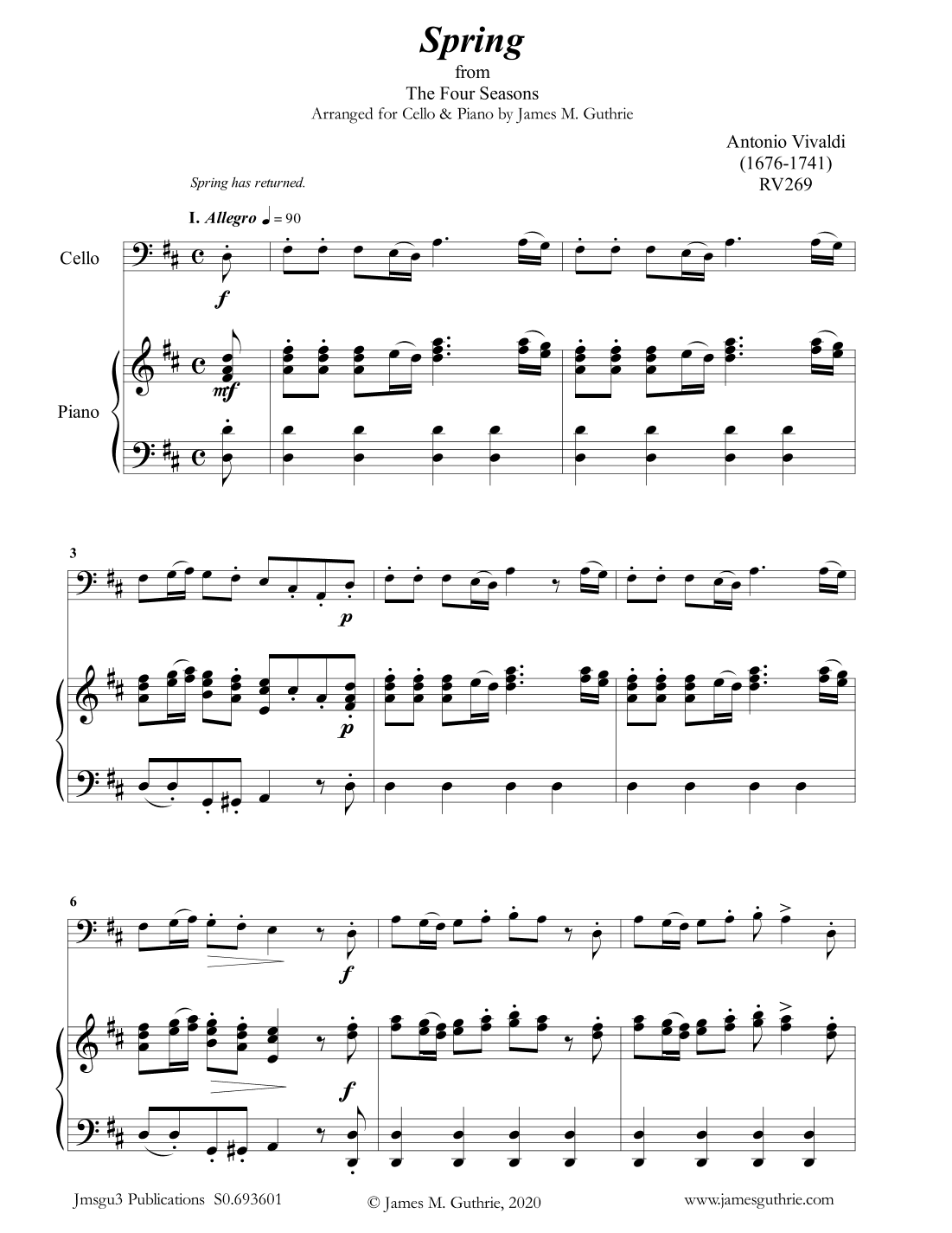 Vivaldi: Spring from the Four Seasons for Cello & Piano (arr. James M. Guthrie, ASCAP)