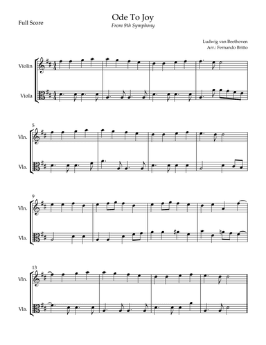 Ode To Joy Theme (from Beethoven's 9th Symphony) for Violin & Viola Duo (arr. Fernando Britto)
