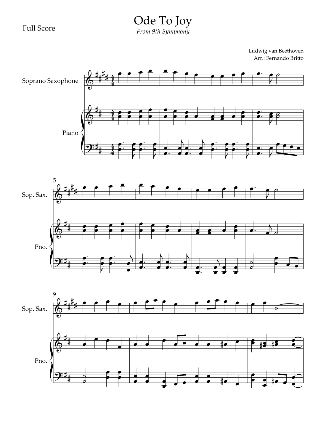 To Joy Theme (from Beethoven's 9th Symphony) for Soprano Saxophone Solo and Piano Accompaniment (arr. Fernando Britto)