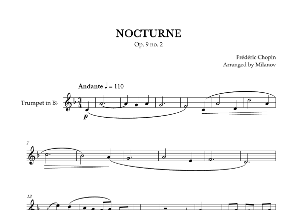 Chopin Nocturne op. 9 no. 2 | Trumpet in Bb | E-flat Major | Easy beginner (arr. Milanov)
