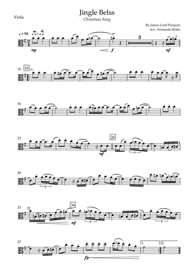 Jingle Bells - Jazz Version (Christmas Song) for Viola Solo (arr. Fernando Britto)