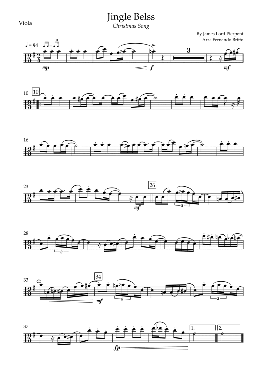Jingle Bells - Jazz Version (Christmas Song) for Viola Solo (arr. Fernando Britto)