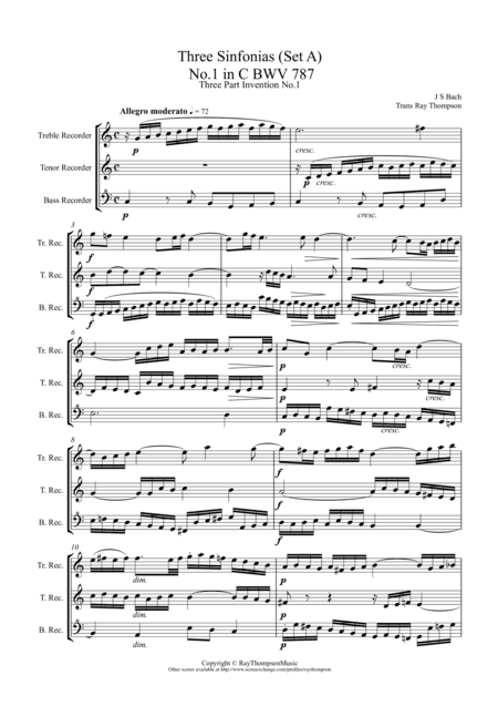 Bach: Sinfonia (Three part Inventions) Nos.1, 2 & 3 -low recorder trio (TTB/ATB) (arr. Ray Thompson)