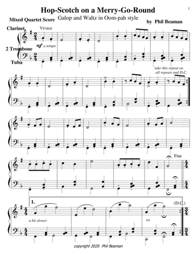 Hop-Scotch on a Merry-Go-Round, Galop and Waltz in Oom-pah style, mixed quartet-clar, tbone, tuba