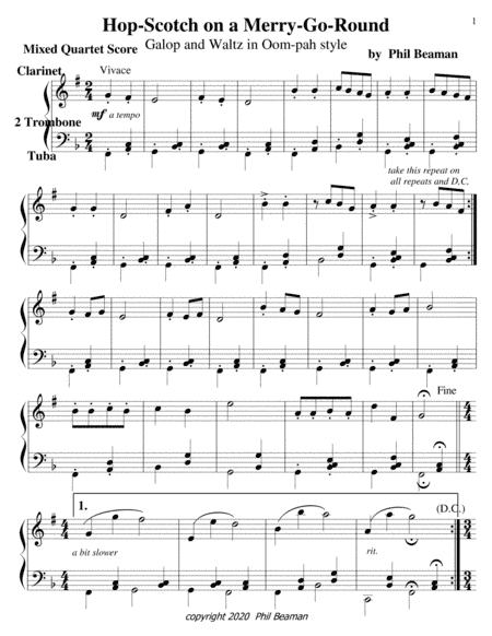 Hop-Scotch on a Merry-Go-Round, Galop and Waltz in Oom-pah style, mixed quartet-clar, tbone, tuba