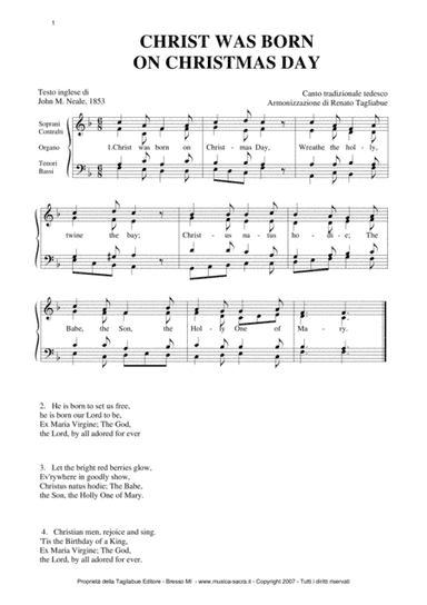 CHRIST WAS BORN ON CHRISTMAS DAY - Arr. for SATB Choir - Score Only (arr. Renato Tagliabue)