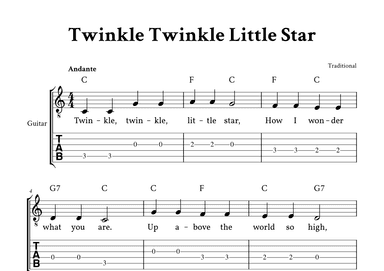 Twinkle Twinkle Little Star - (C Major - with TAB, Lyrics, Chords) (arr. Yuri Noronha)