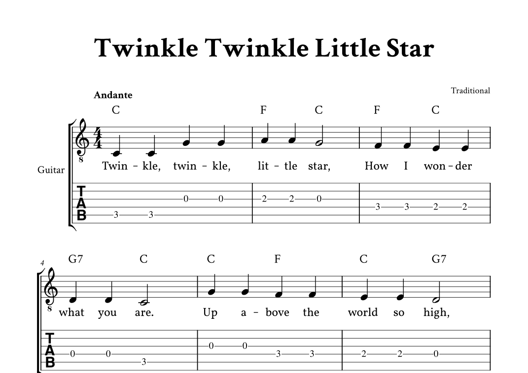 Twinkle Twinkle Little Star - (C Major - with TAB, Lyrics, Chords) (arr. Yuri Noronha)
