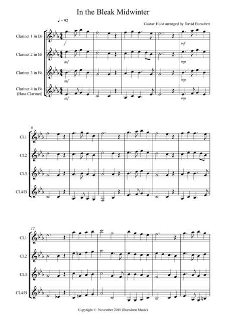 In the Bleak Midwinter for Clarinet Quartet (arr. David Burndrett)