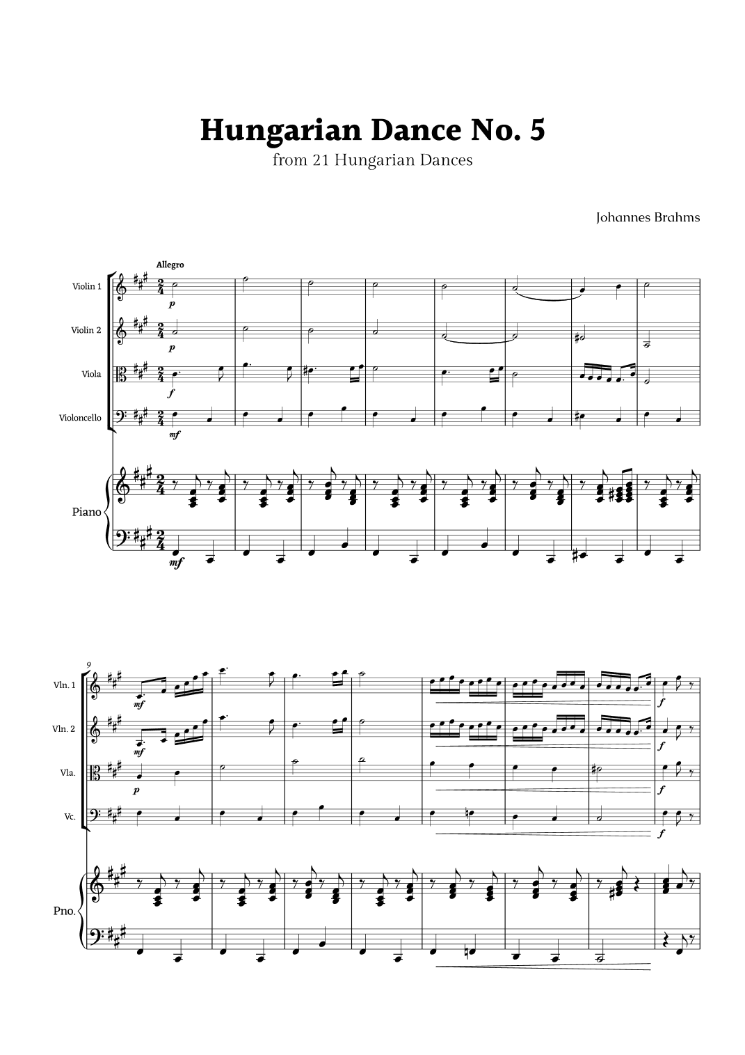 Hungarian Dance No. 5 by Brahms for String Quartet and Piano (arr. Rika K.)