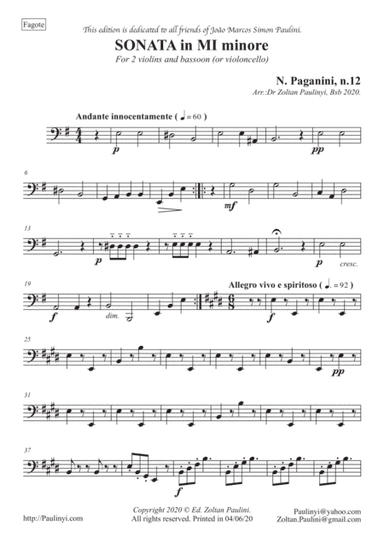 Paganini's Sonata in Mi minore n.12 for trio (solo violin, violin 2 and violoncelo or bassoon) (arr. Zoltan Paulinyi)