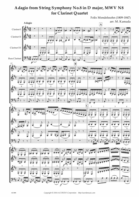 Adagio from String Symphony No.8 in D major, MWV N8 for Clarinet Quartet (arr. Kamada, Mikio)
