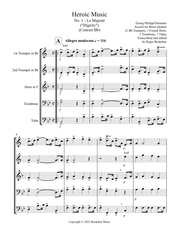 Heroic Music - No.   1. La Majeste (Bb) (Brass Quintet - 2 Trp, 1 Hrn, 1 Trb, 1 Tuba) (arr. Regis Bookshar)